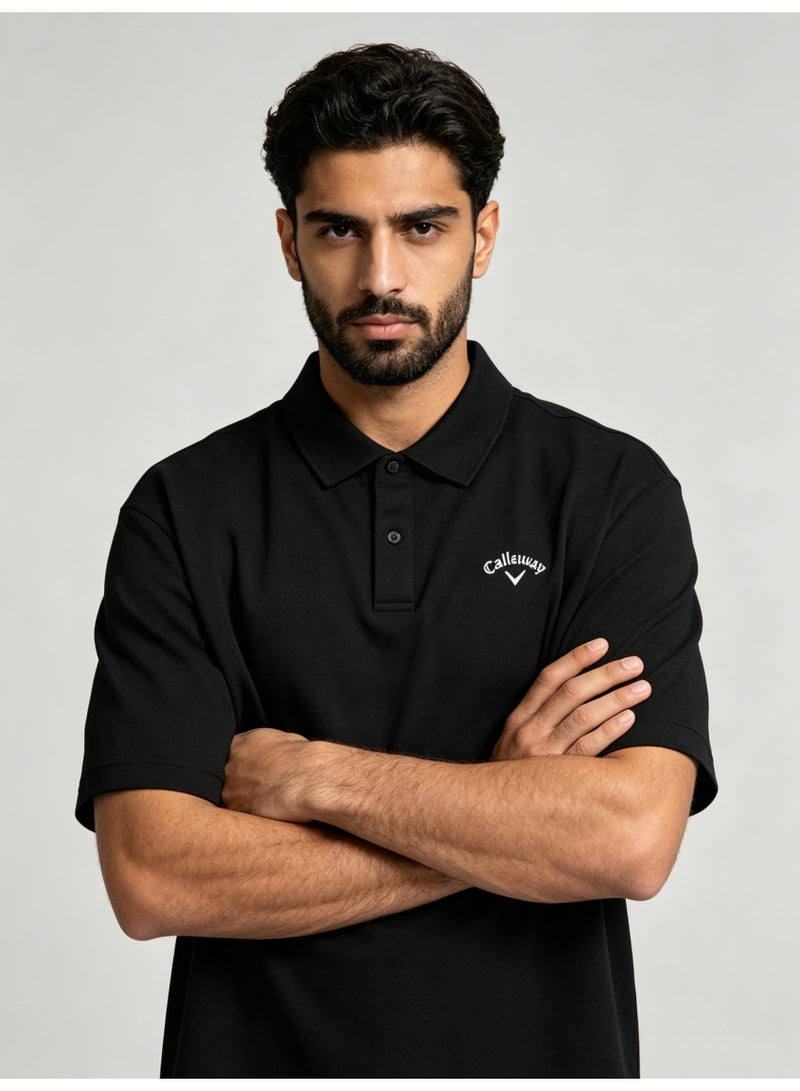 Callaway Men’s Black Solid Short Sleeve Golf Polo Shirt with White Printed Chest Logo - Image 5