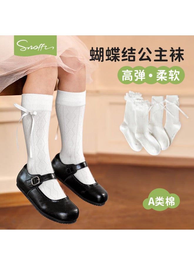 Snoffy Children's Socks, Girls' Princess Socks, Summer Mid-calf Socks For Little Girls, Ballet Style Breathable Cotton Socks, White 2 Pairs, Size S - Image 1