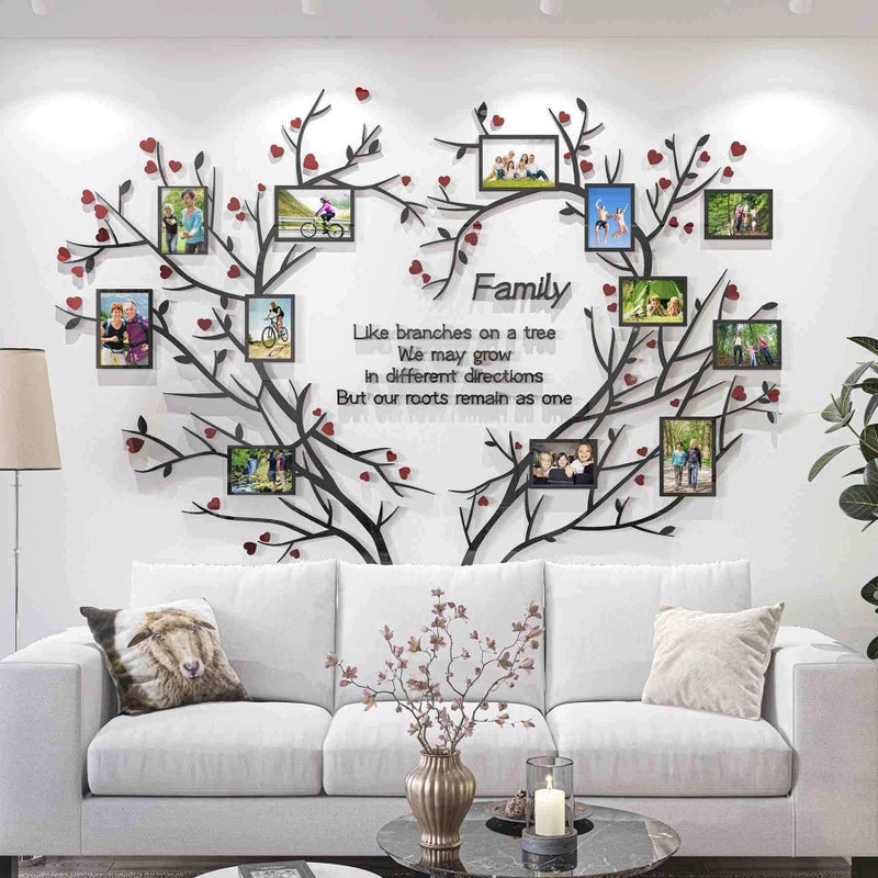 DecorSmart Love Family Tree Wall Decor Picture Frame Collage Removable 3D DIY Acrylic Wall Stickers for Living Room with Red Heart and Quote Family Like Branches on a Tree - Image 1