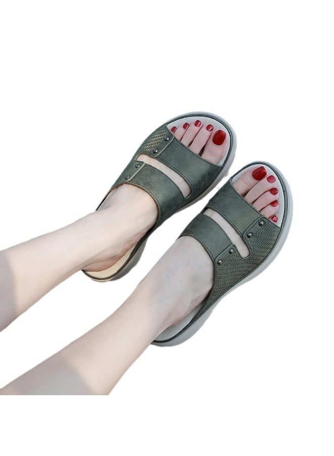 NIBEMINENT Summer Fashion Sport Wedge Slippers Women Leather Simple Rivet Slides Outside Leisure Office Lightweight - Image 2