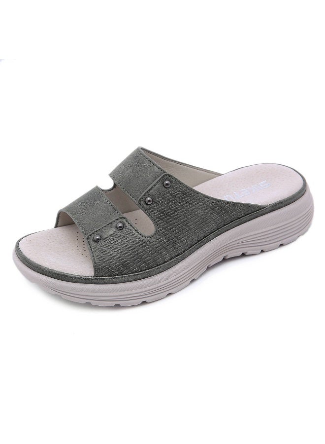 NIBEMINENT Summer Fashion Sport Wedge Slippers Women Leather Simple Rivet Slides Outside Leisure Office Lightweight - Image 1