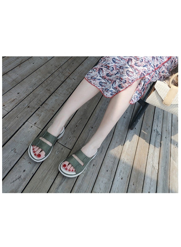 NIBEMINENT Summer Fashion Sport Wedge Slippers Women Leather Simple Rivet Slides Outside Leisure Office Lightweight - Image 4