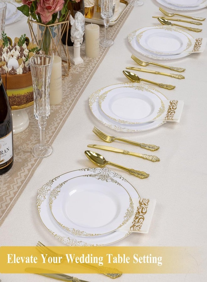 Goodluck 100PCS White and Gold Plastic Plates - 10.25” Heavy Duty Disposable Dinner Plates & Party Plates for Weddings, Parties, Events - Elegant, Sturdy - Image 5