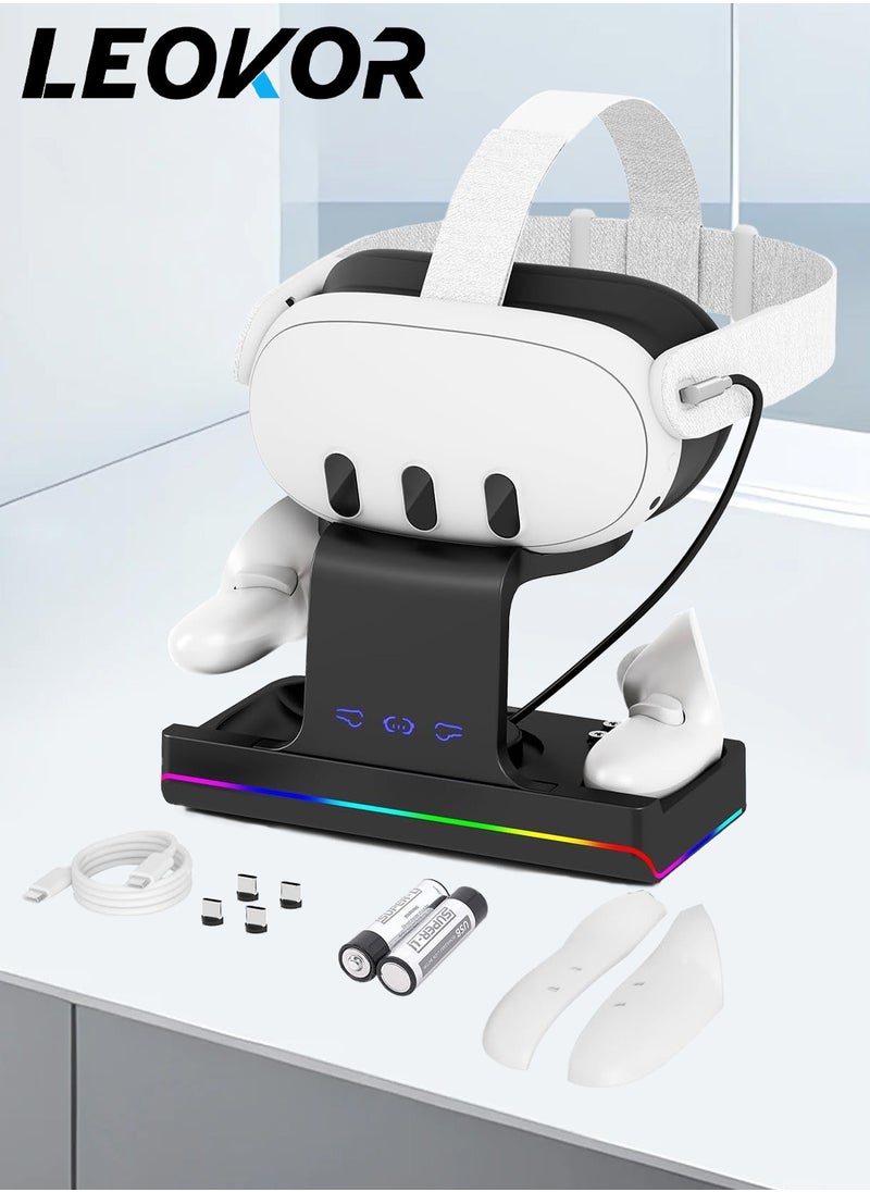 LEOKOR - 2 in 1 Charging Station Charging Dock,for Oculus/Meta Quest 3 with RGB Light,with VR Headset and Controllers,Charging Stand Accessories with Rechargeable Batteries - Image 1
