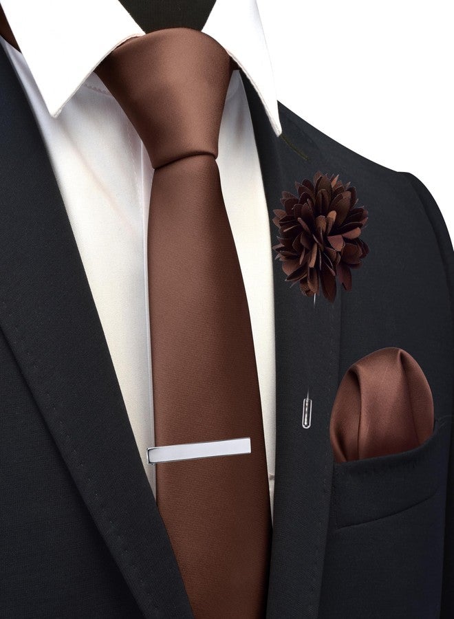 Branduce Brown Tie for Men Wedding Solid Satin Silk Blend Necktie Pocket Square Tie Clip and Lapel Pin Brooch Set (TA14-36) - Image 2