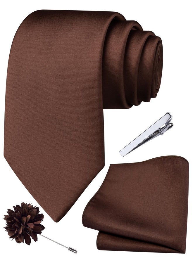 Branduce Brown Tie for Men Wedding Solid Satin Silk Blend Necktie Pocket Square Tie Clip and Lapel Pin Brooch Set (TA14-36) - Image 1