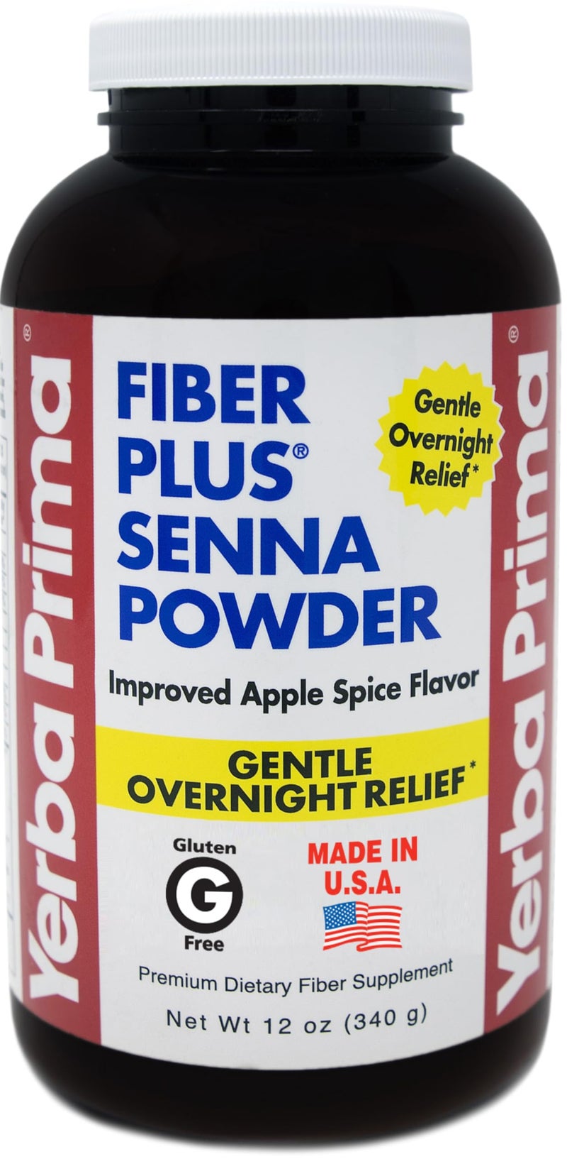 Yerba Prima Fiber Plus Senna Powder 12 oz Pack of 1 Apple Spice Flavor Gentle Overnight Relief USA Made NonGMO Stevia Sweetened ShortTerm Use to Restore Regularity