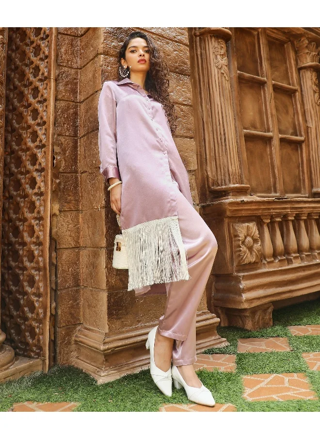  قصة Women's Nude Pink Fringed Block Kurta With Trousers