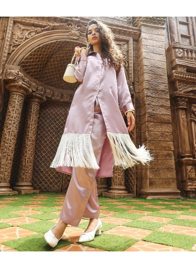  قصة Women's Nude Pink Fringed Block Kurta With Trousers