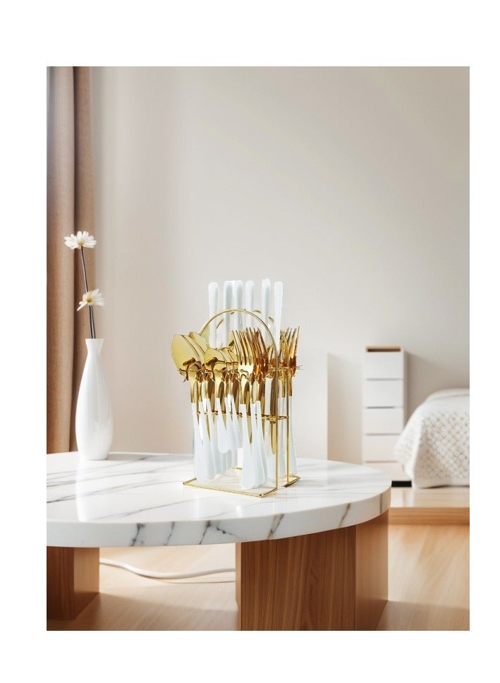 الأزرق جي دبليو 24 قطعة الفولاذ المقاوم للصدأ أدوات المائدة مجموعة سكين وشوكة ملعقة مجموعة مع حامل هدية عيد ميلاد - Image 2