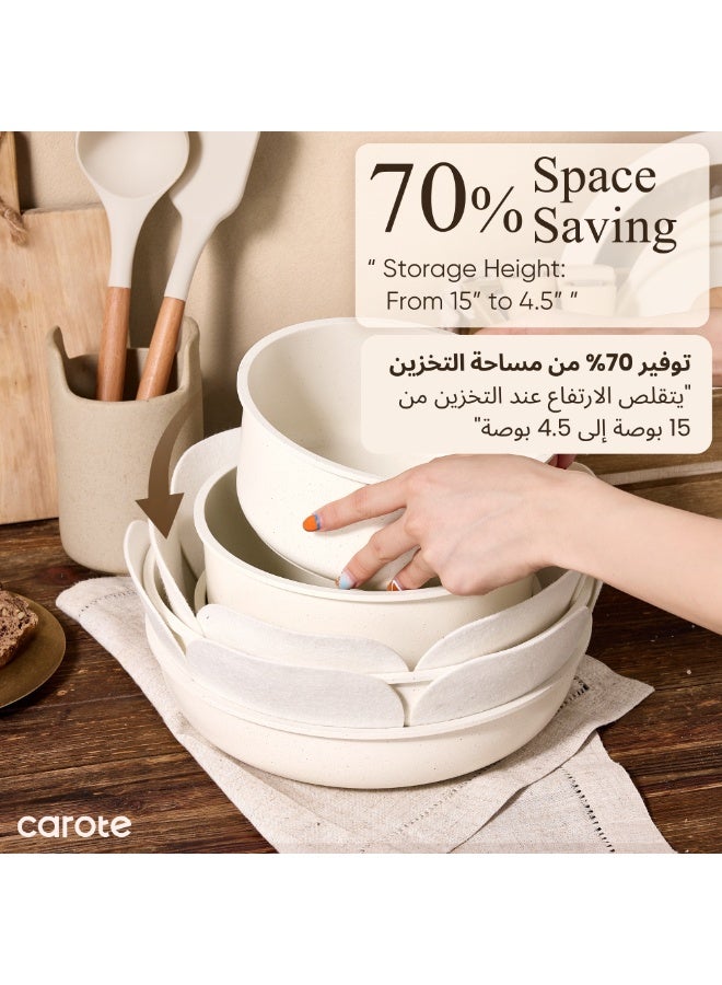Carote 19-Piece Non Stick Cookware Set with Detachable Handle – Induction, Gas & Oven Compatible, Dishwasher Safe, Space Saving Kitchen Pots and Pans, PFOA & BPA Free, Healthy Cooking Set, White - Image 5