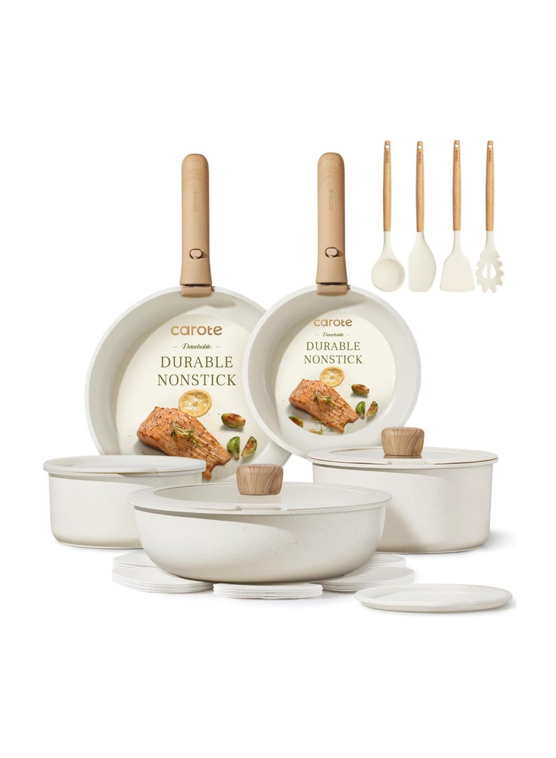 Carote 19-Piece Non Stick Cookware Set with Detachable Handle – Induction, Gas & Oven Compatible, Dishwasher Safe, Space Saving Kitchen Pots and Pans, PFOA & BPA Free, Healthy Cooking Set, White - Image 1