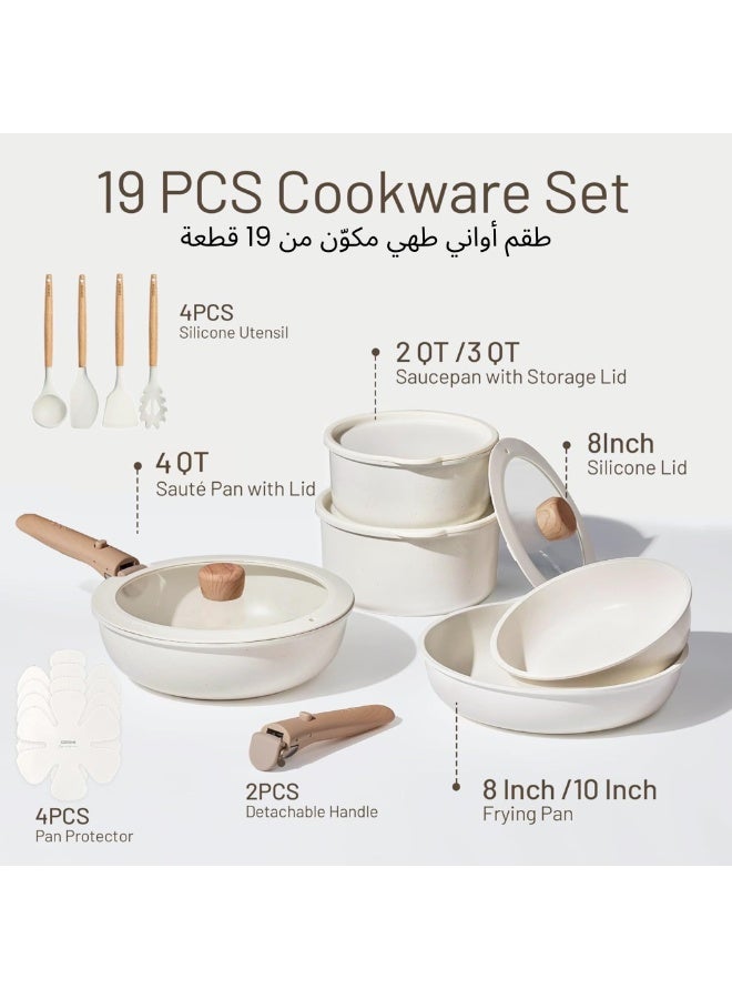 Carote 19-Piece Non Stick Cookware Set with Detachable Handle – Induction, Gas & Oven Compatible, Dishwasher Safe, Space Saving Kitchen Pots and Pans, PFOA & BPA Free, Healthy Cooking Set, White - Image 2