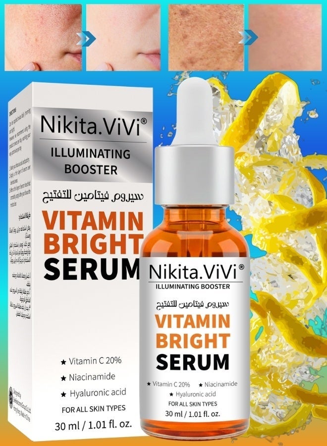NIKITA.VIVI سيروم فيتامين برايت، سيروم فيتامين سي للوجه، سيروم فيتامين سي للوجه مع النياسيناميد وحمض الهيالورونيك، يعزز بشرة متألقة، يرطب ويملأ البشرة، سيروم مضاد للشيخوخة بتركيبة كولاجين كورية، سيروم مضاد للتجاعيد VC 30 مل - Image 1