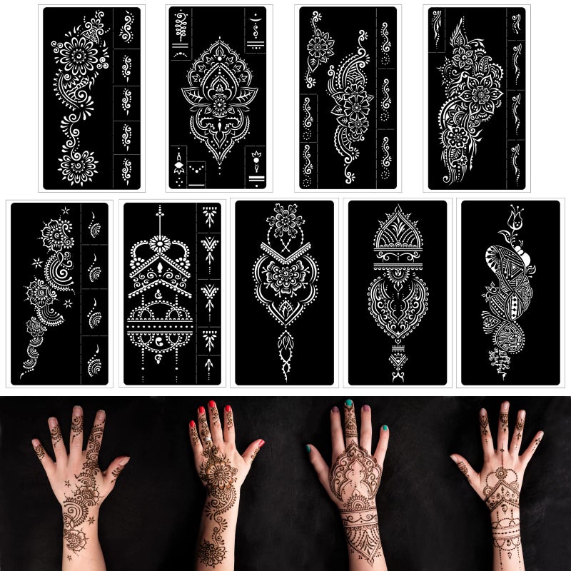 Henna Tattoo Stencils kitReusable Henna Stencils for Hand Forearm Glitter Airbrush DIY Tattooing Template Indian Temporary Tattoo Stickers for Women Girls82 x 47