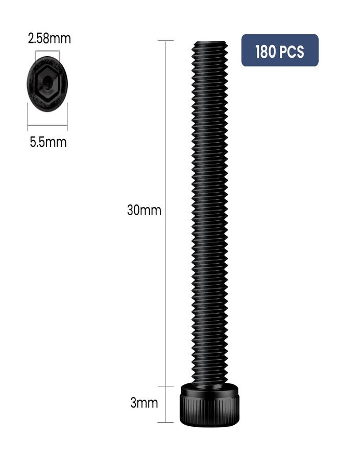 BNUOK 180pcs M3 x 30mm Hex Socket Head Cap Screws Bolts, 12.9 Grade Alloy Steel, Black Oxide Finish, Allen Socket Drive, Full Threads,with Hex Spanner - Image 5