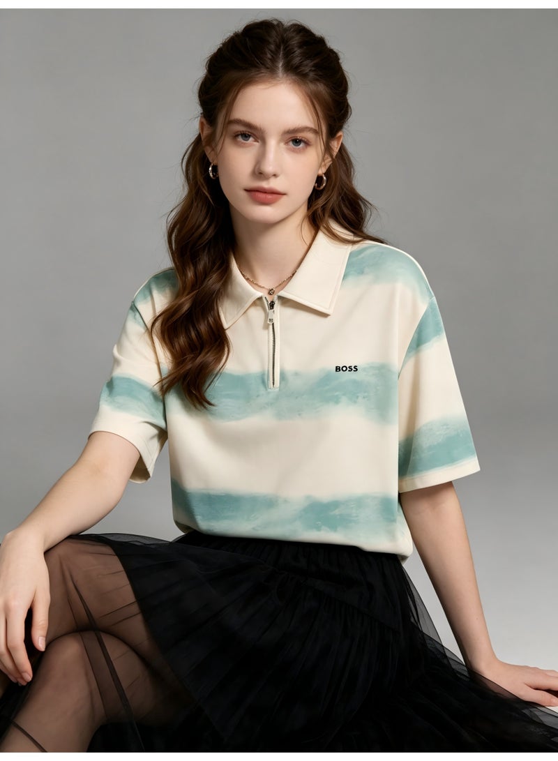 BOSS Women's Half-Zip Polo Shirt, Tie-Dye Stripe Short Sleeve Top, Breathable Casual Blouse for Daily & Outdoor Wear - Cream/Mint Green - Image 5