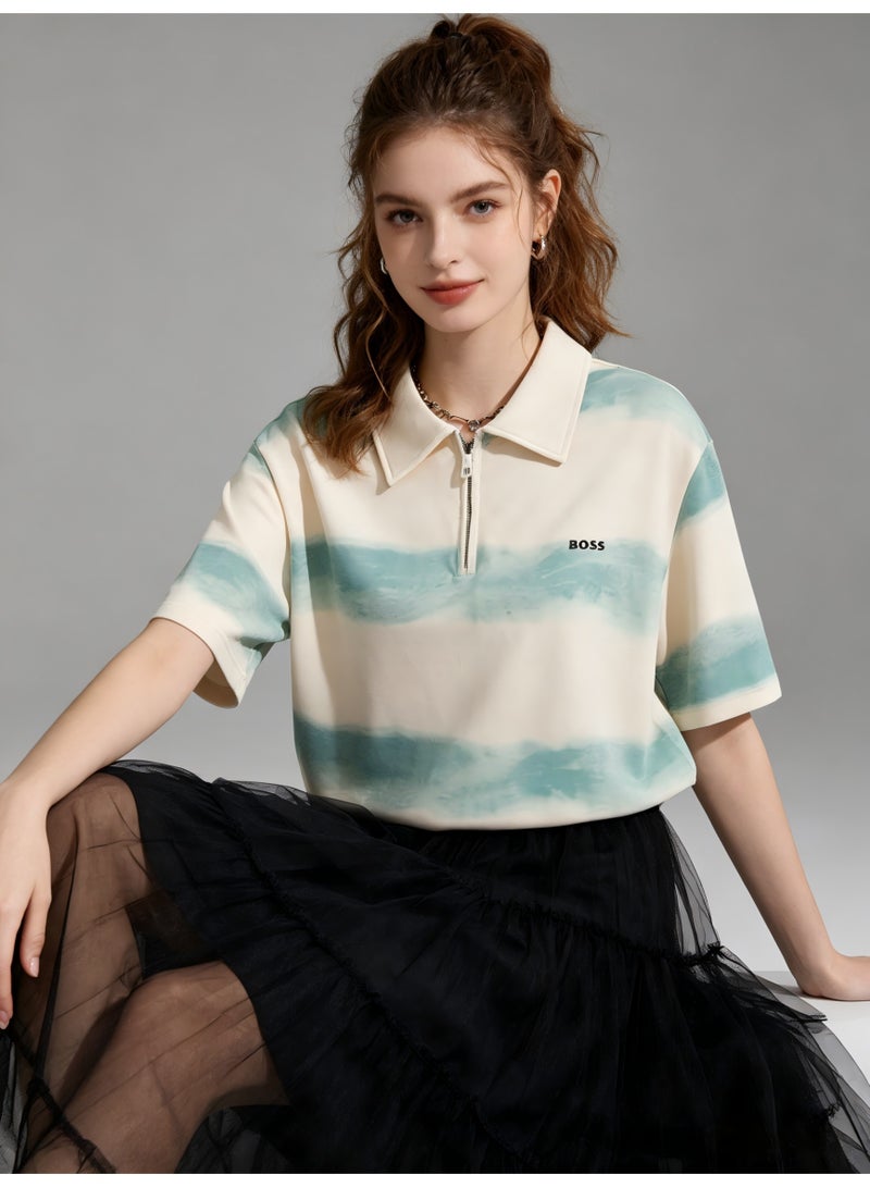 BOSS Women's Half-Zip Polo Shirt, Tie-Dye Stripe Short Sleeve Top, Breathable Casual Blouse for Daily & Outdoor Wear - Cream/Mint Green - Image 4