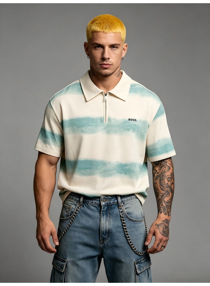 BOSS Women's Half-Zip Polo Shirt, Tie-Dye Stripe Short Sleeve Top, Breathable Casual Blouse for Daily & Outdoor Wear - Cream/Mint Green - Image 2