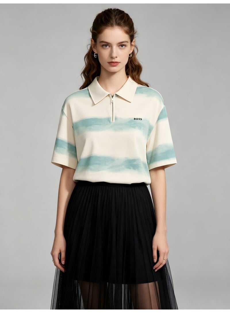 BOSS Women's Half-Zip Polo Shirt, Tie-Dye Stripe Short Sleeve Top, Breathable Casual Blouse for Daily & Outdoor Wear - Cream/Mint Green - Image 1