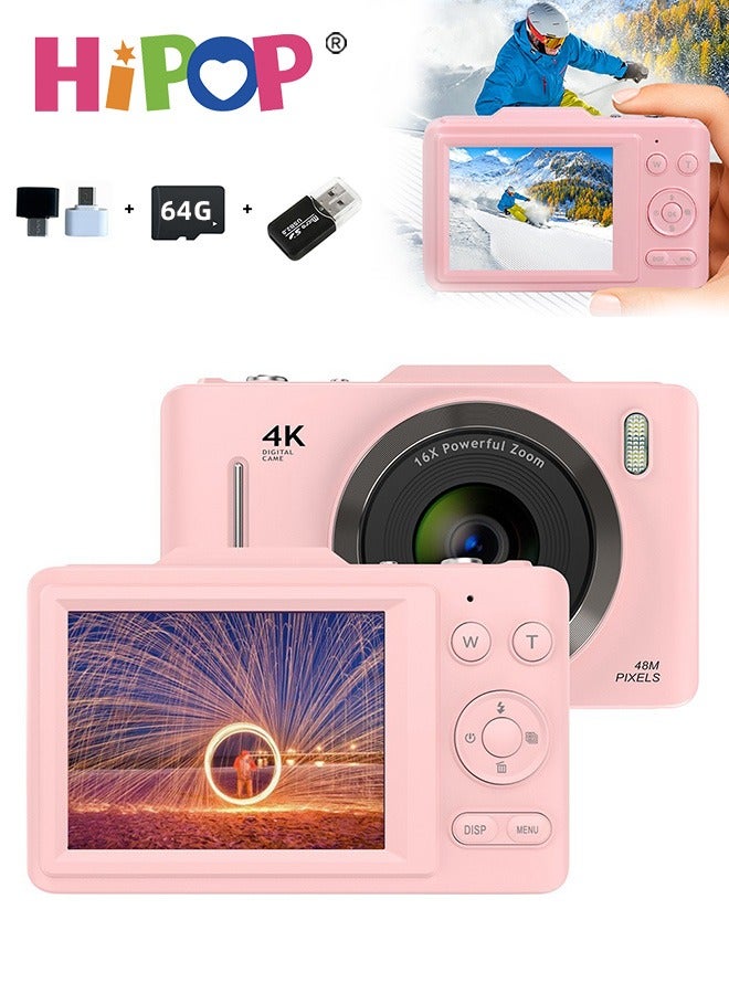 HIPOP 48 MP Digital Camera, 4K High-Definition Kid's Camera, with Long Lasting Endurance Batteries, 16X Zoom , Lanyard,64 GB Memory Card and Card Reader, Compact Size,Best Birthday Gift for Boys and Girls (White) - Image 1