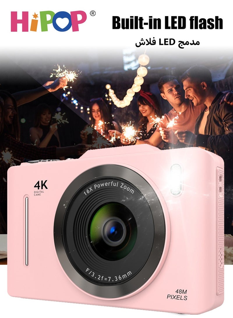 HIPOP 48 MP Digital Camera, 4K High-Definition Kid's Camera, with Long Lasting Endurance Batteries, 16X Zoom , Lanyard,64 GB Memory Card and Card Reader, Compact Size,Best Birthday Gift for Boys and Girls (White) - Image 2