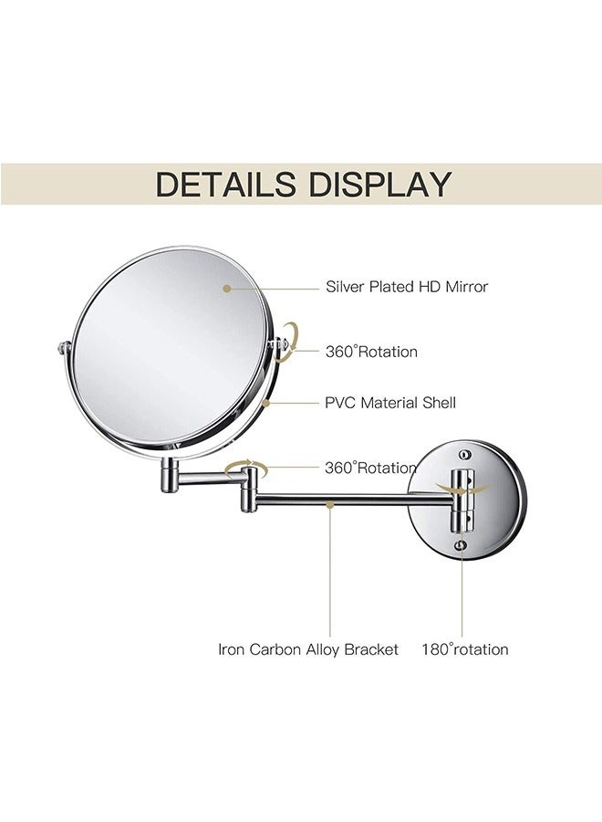 مرآة حائط مرآة حائط 8 بوصة مزدوجة الجوانب للحمام مرايا مكياج حمام مستديرة للحلاقة مع أذرع دوارة 360 درجة وأذرع قابلة للتمديد لفندق منزلي （بدون إضاءة） - Image 4