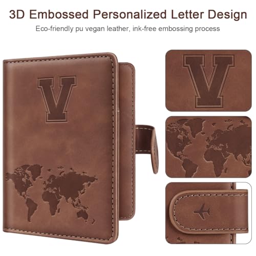 Simikol Passport Holder Wallet Cover Personalized Letter A-Z Travel Wallet RFID Blocking Passport Cover Wallet Case for Travel Passport Book Holders for Women and Men, Brown-V - Image 3