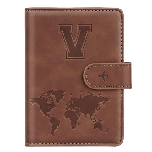 Simikol Passport Holder Wallet Cover Personalized Letter A-Z Travel Wallet RFID Blocking Passport Cover Wallet Case for Travel Passport Book Holders for Women and Men, Brown-V - Image 1