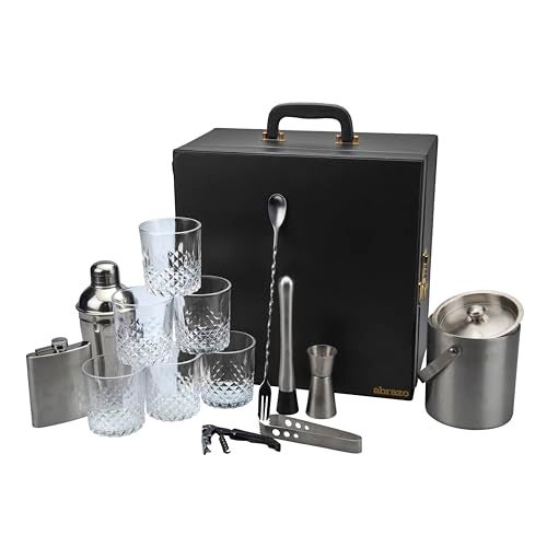 Abrazo Portable Barset, Bartender kit, Bar Tool Set for Gifting,14 pcs bar Cocktail Shaker Set with ice Bucket, hipflask, Jigger, Whiskey Glasses Bar Accessories, Black - Image 3