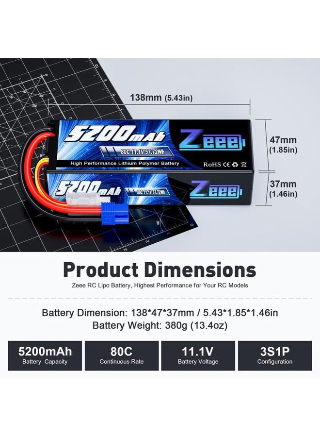 Zeee بطارية ليثيوم بوليمر 3S سعة 5200mAh جهد 11.1V 80C مع موصل EC3 بطارية علبة صلبة لسيارة RC قارب شاحنة هليكوبتر طائرة نماذج سباق (عبوة 2) - Image 2