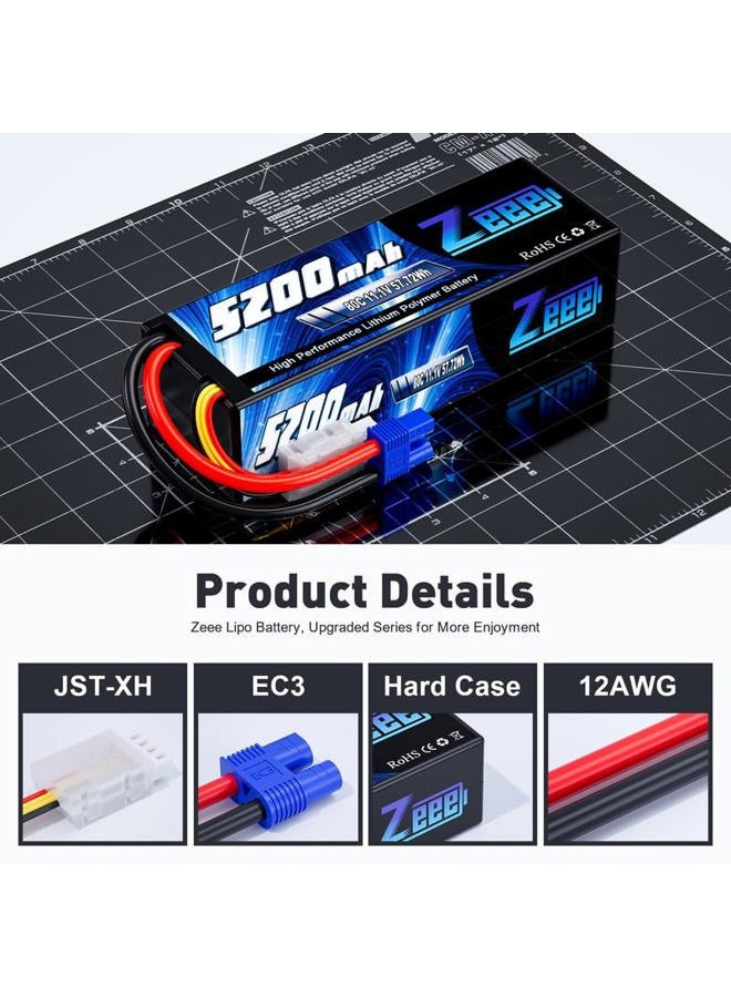 Zeee بطارية ليثيوم بوليمر 3S سعة 5200mAh جهد 11.1V 80C مع موصل EC3 بطارية علبة صلبة لسيارة RC قارب شاحنة هليكوبتر طائرة نماذج سباق (عبوة 2) - Image 3