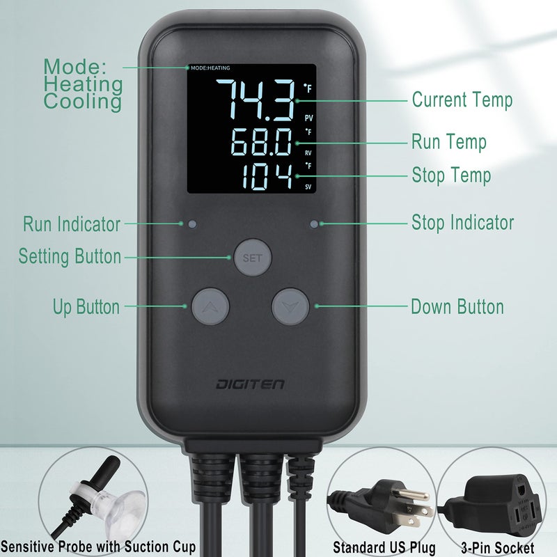 DIGITEN Waterproof Digital Temperature Controller for Aquarium, Greenhouse & Outdoor Heating - 10A Heat Mat Thermostat Controller - Image 2