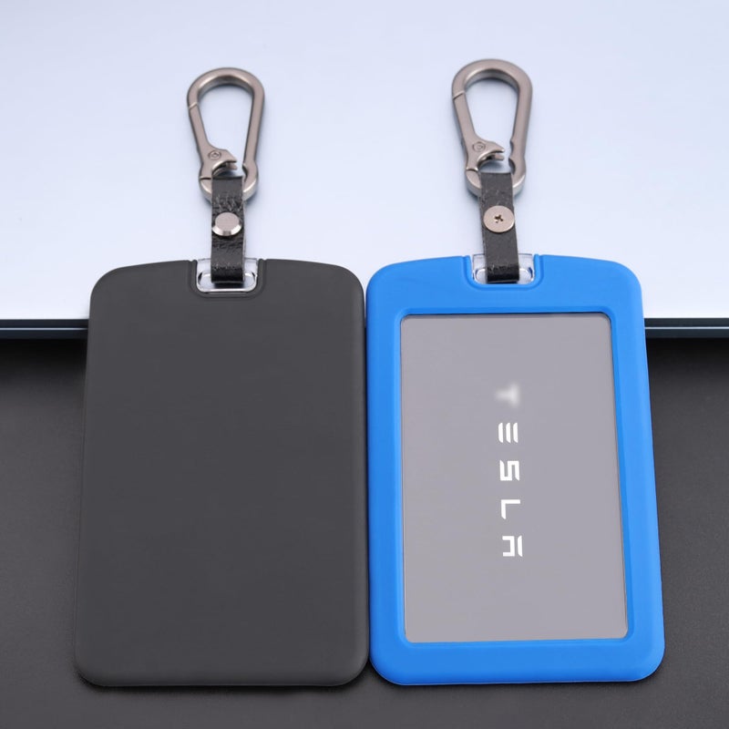 TANDRIVE 2PCS Silicone Key Card Holder Case Compatible with Tesla Model 3 Model Y Cybertruck and RivianKey Protector Cover Accessories Including Key Chain Black and Blue
