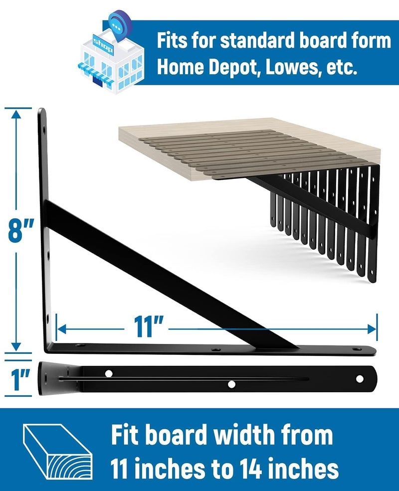 LEOPO 8-Pack 11 Inch Heavy Duty Shelf Brackets, Large Floating Wall Bracket for Garage Storage Shelves, Black Powder-Coated Finish, Load Capacity 800lbs - Image 2