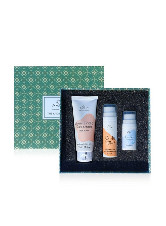 AVEIL Skin Radiance Gift Set | Sheer Tinted Sunscreen | C-Nu Vitamin C Serum | Eye Lift Under Eye Serum | Skin Care Set for Soothing, Hydrating & Radiant Skin | For All Skin Type | Gift Hamper for Her - Image 1