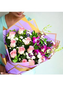 Floweraura FlowerAura Fresh Live Flower Bouquet of 10 Pink Rose 3 Orchids 1 Daisy Flower For Birthday Gift Anniversary Gift Wedding Gift Valentines Day Gift Gift For Special Occasion Same Day Delivery  - Image 1