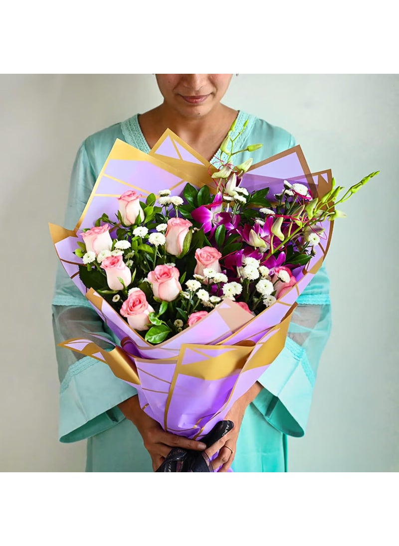 Floweraura FlowerAura Fresh Live Flower Bouquet of 10 Pink Rose 3 Orchids 1 Daisy Flower For Birthday Gift Anniversary Gift Wedding Gift Valentines Day Gift Gift For Special Occasion Same Day Delivery  - Image 3