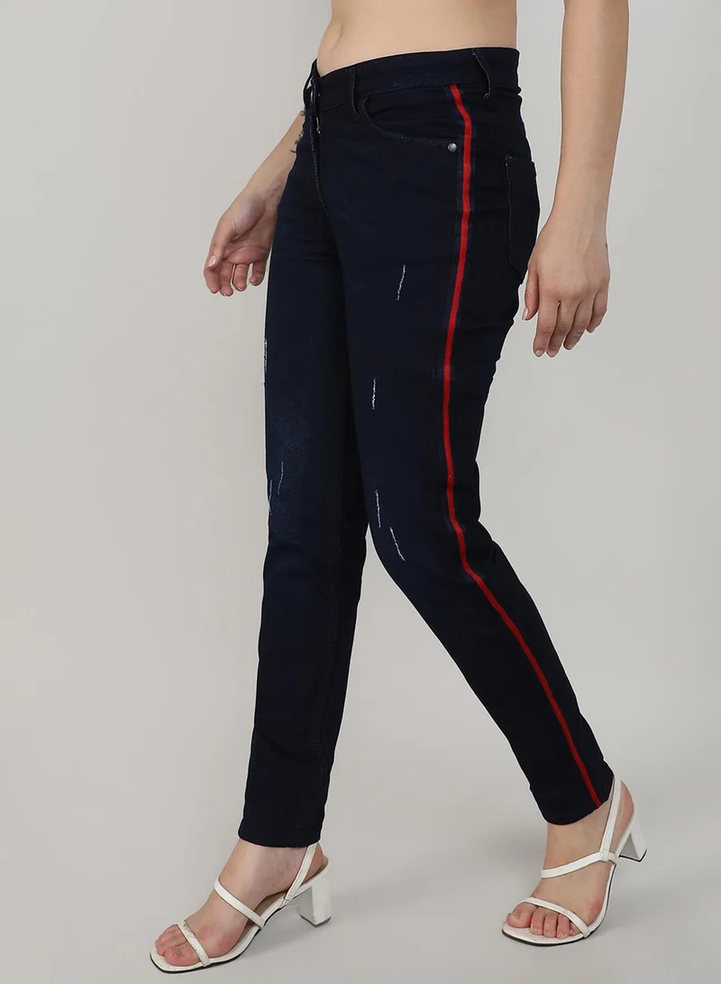كامبوس سوترا Campus Sutra Women's Classic Navy Blue Dark-Washed Side-Striped Skinny Fit Denim Jeans | Stretchable Cotton Mid-Rise Crafted With Comfort Fit and High Performance For Everyday Wear