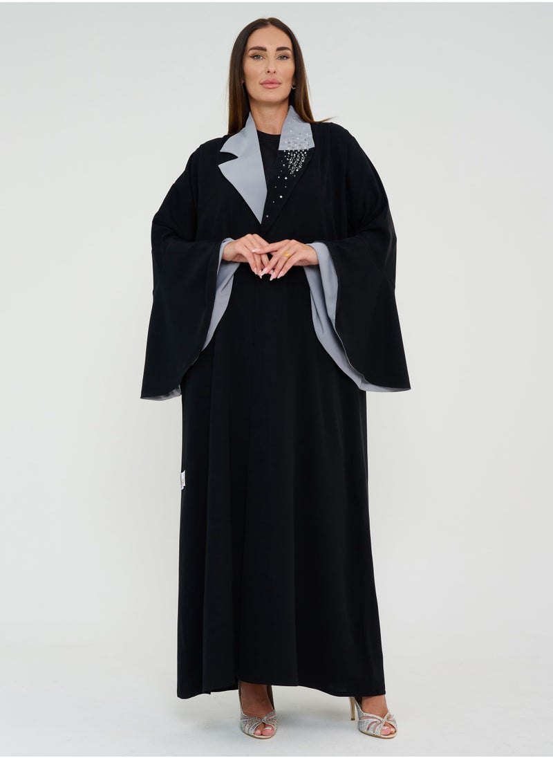 Rosette Abaya Embroidery abaya with Gray Neck  - Image 1