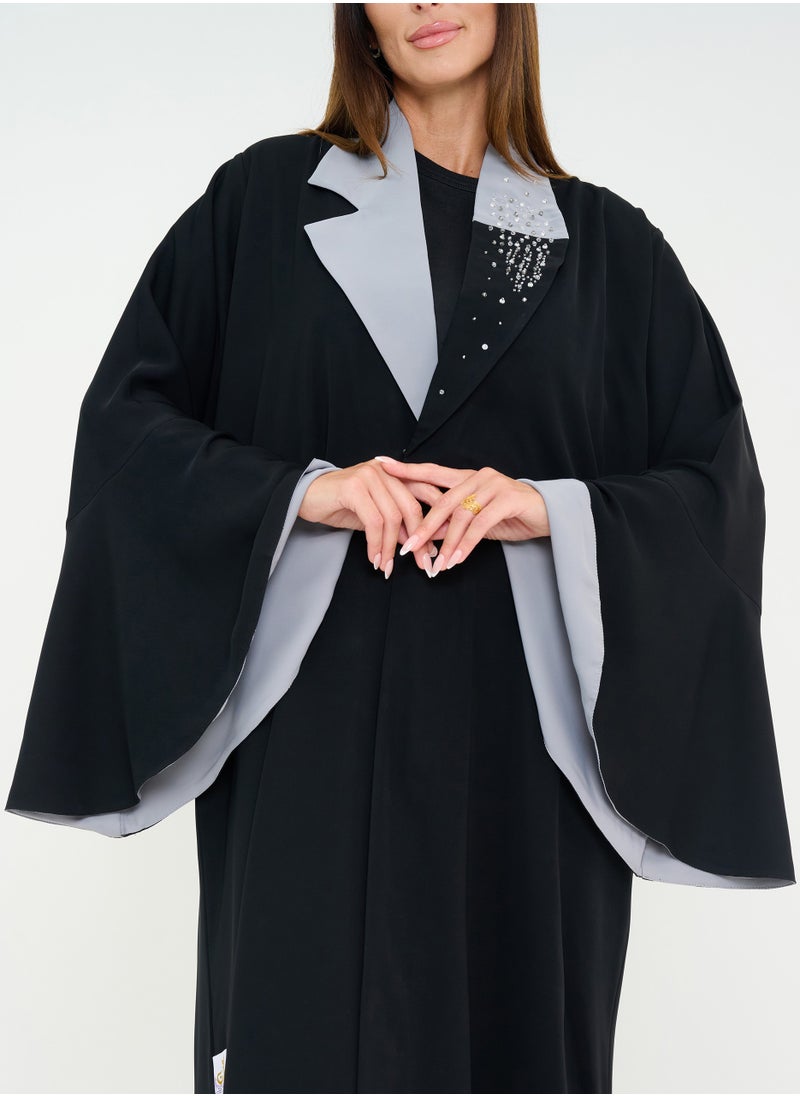 Rosette Abaya Embroidery abaya with Gray Neck  - Image 2