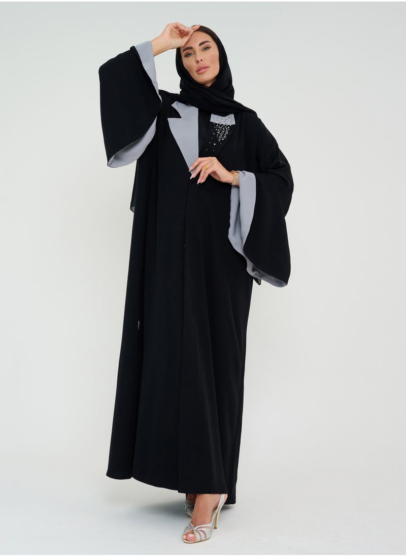 Rosette Abaya Embroidery abaya with Gray Neck  - Image 4