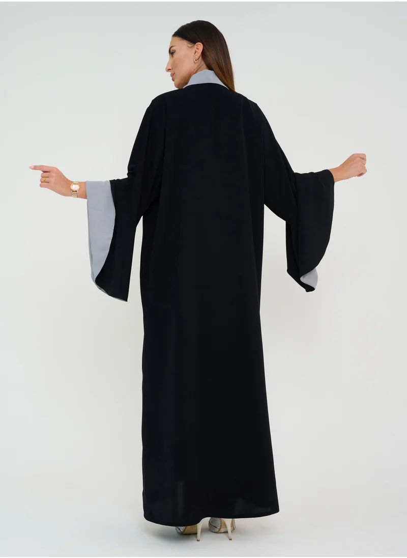 Rosette Abaya Embroidery abaya with Gray Neck