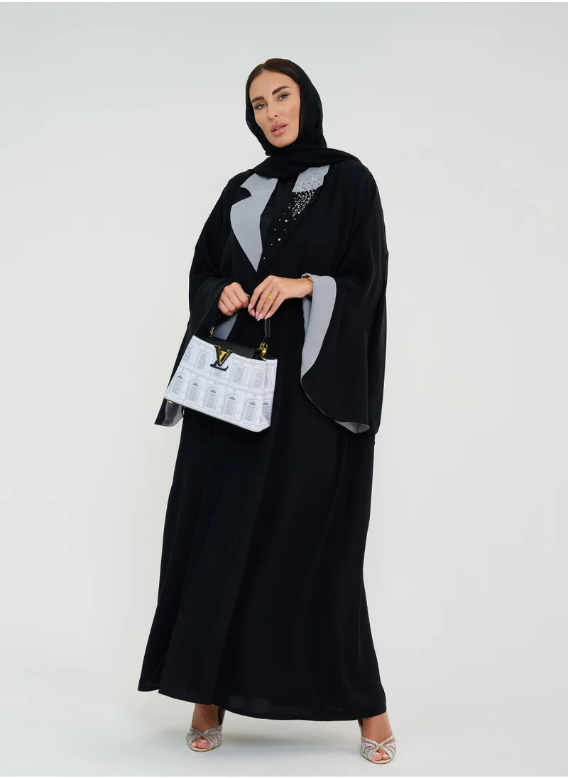 Rosette Abaya Embroidery abaya with Gray Neck