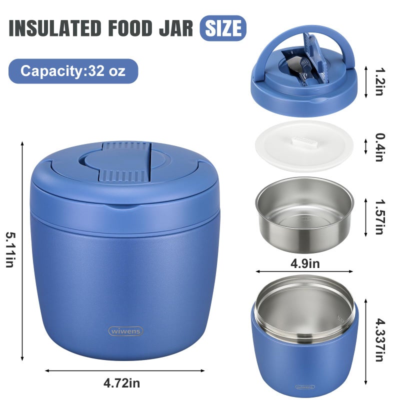 wiwens Thermo Food Jar for Hot Food Adults 32OZ Soup Thermo Lunch Containers Wide Mouth Vacuum Insulated Stainless Steel Leakproof Bento Box with Spoon (Blue) - Image 5