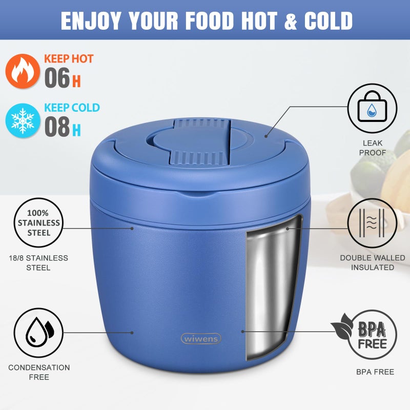 wiwens Thermo Food Jar for Hot Food Adults 32OZ Soup Thermo Lunch Containers Wide Mouth Vacuum Insulated Stainless Steel Leakproof Bento Box with Spoon (Blue) - Image 3