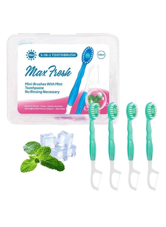 منت مجموعة فرشاة أسنان صغيرة 5 في 1 مع خيط تنظيف الأسنان ومكشطة اللسان وعود الأسنان، فرشاة أسنان صغيرة للاستخدام مرة واحدة مع حبيبات متفجرة، لا تحتاج إلى معجون أسنان، مريحة وسهلة الحمل، تنظف الفم وتنعش النفس، 10 قطع (بنكهة الشاي الأخضر) - Image 1