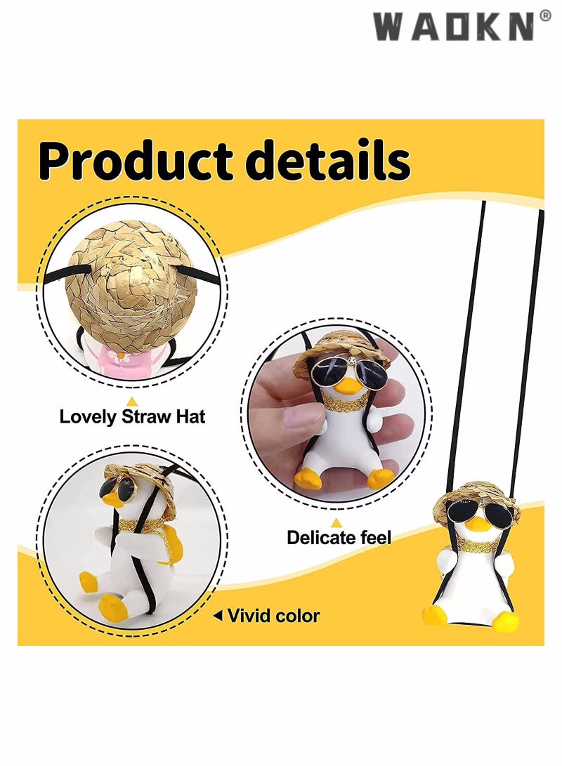 Swing Duck Car Hanging Ornament, Cute Car Hanging Accessories for Rear View Mirror Car Pendant Duck Hanging Swing for Car Mirror Auto Interior Charms Decoration Straw Hat Schoolbag Style Duck Ornament - Image 2