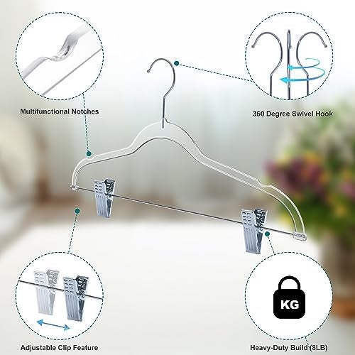 Quality Hangers Clear Plastic Pants Hangers with Clips 20 Pack | Heavy Duty Skirt Hangers Swivel Hook and Notches | Space Saving Acrylic Clip Hangers for Pants | Suitable for All Clothing | 16.5 Inch (Clear, 20) - Image 2