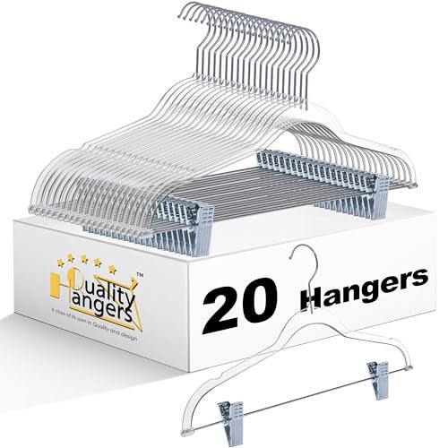 Quality Hangers Clear Plastic Pants Hangers with Clips 20 Pack | Heavy Duty Skirt Hangers Swivel Hook and Notches | Space Saving Acrylic Clip Hangers for Pants | Suitable for All Clothing | 16.5 Inch (Clear, 20) - Image 1